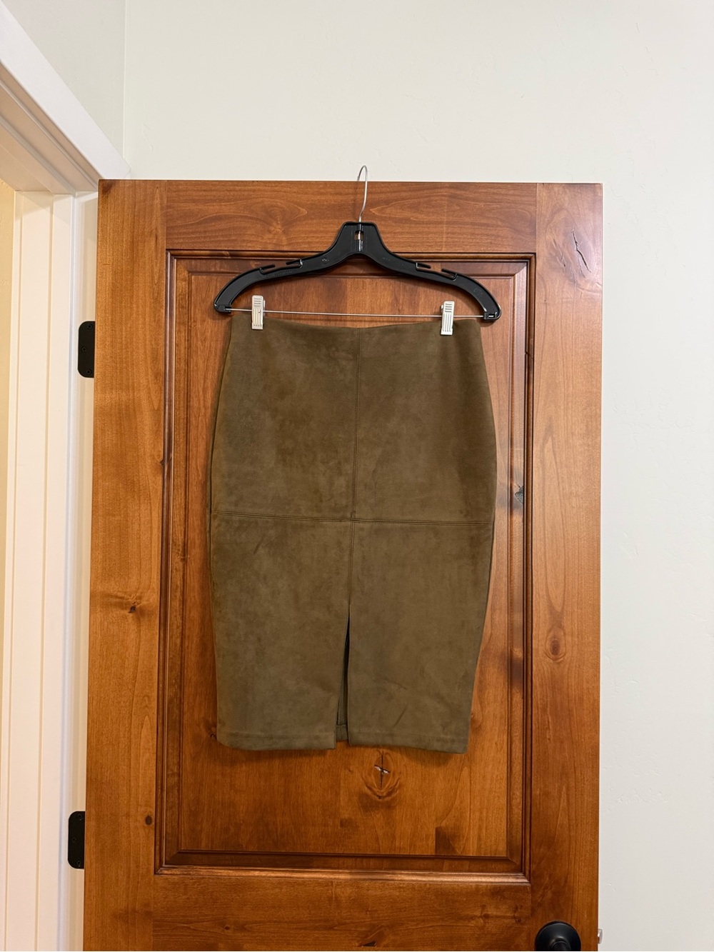 Lulu's Olive Suede Pencil Skirt with Front Slit